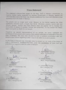 Kuki MLAs seeks separate administration; following Manipur clash